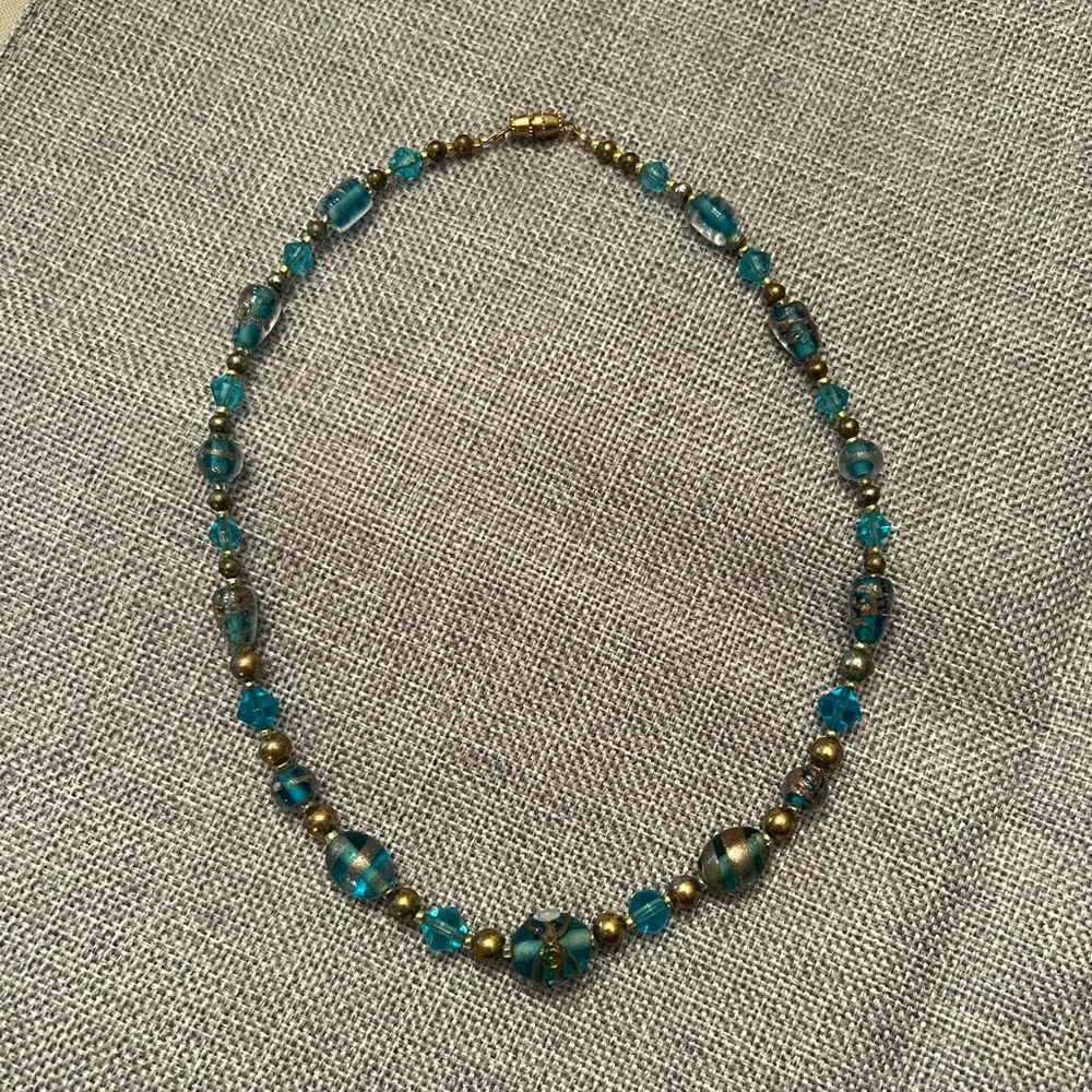 Vintage Aqua Blue Glass Beaded Necklace with Gold Tone Accents